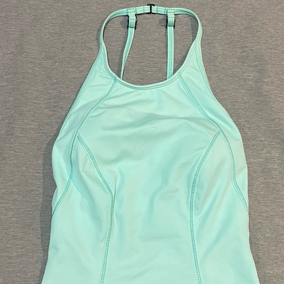 Zella Teal One Piece Swimsuit Small High Neck Crossback Athletic Shelf Bra - Picture 5 of 15